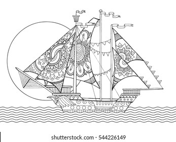 Sailing ship drawing coloring book for adults vector illustration. Anti-stress coloring for adult. Zentangle style. Black and white lines. Lace pattern