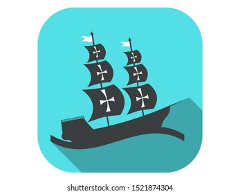 Sailing ship flat icon with long shadow. Columbus Day. Vector illustration