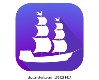 Sailing ship flat icon with long shadow. Columbus Day. Vector illustration