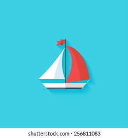 Sailing ship flat icon. Modern flat icons vector collection with long shadow effect in stylish colors of web design objects. Trendy Flat Style. Isolated on blue background. Flat design. EPS 10.