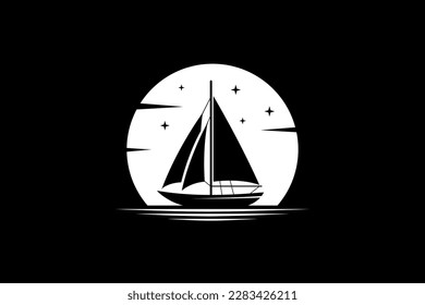 sailing ship flat style logo with full moon background