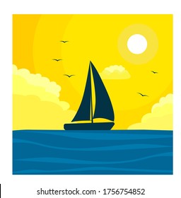 Sailing ship floating in the ocean in the morning. A silhouette of a boat with sails floating on the sea during the day. Minimalist flat picture of the sea and seagulls. Yellow Sun and clouds and sea in background