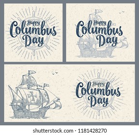 Sailing ship floating on the sea waves. Caravel Santa Maria. Happy Columbus Day calligraphic handwriting lettering. Hand drawn design element. Vintage color vector engraving on craft paper texture svg