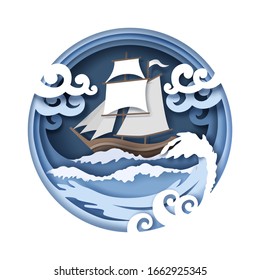 Sailing ship floating on sea water, vector illustration in paper art craft style. Beautiful marine composition with sailboat and stormy waves. Sea travel and adventure concept.