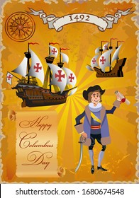 Sailing ship floating on the sea waves. Caravel Santa Maria. Happy Columbus Day