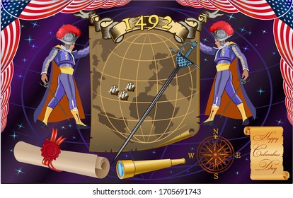 Sailing ship floating on the sea waves. Caravel Santa Maria and others ships. Happy Columbus Day
