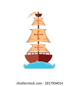 sailing ship floating on the sea waves, caravel santa maria, columbus day vector illustration design
