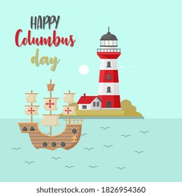 Sailing ship floating on the sea waves. Caravel Santa Maria. Happy Columbus Day Hand drawn design element.
