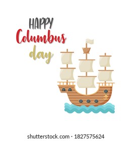 Sailing ship floating on the sea waves. Caravel Santa Maria. Happy Columbus Day Hand drawn design element.