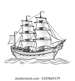 Barco de vela flotando en las olas del mar. Antiguo velero vintage, aislado de fondo blanco. Ilustración del vector