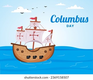 Segelschiff, das auf dem Meer schwimmt, feiert den Happy Columbus Day für Banner, Poster, Social Media Feed