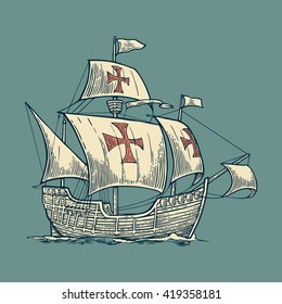 Sailing ship floating on the sea waves. Caravel Santa Maria with Columbus. Hand drawn design element. Vintage vector engraving illustration for poster, label, postmark. Isolated on blue background. svg