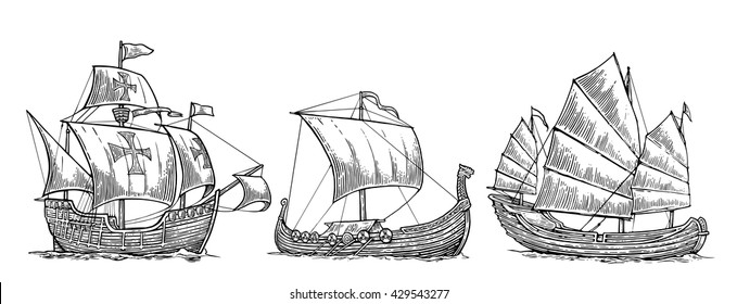 Sailing ship floating on the sea waves. Hand drawn design element Drakkar Vikings, Caravel, junk. . Vintage vector engraving illustration for poster, label, postmark. Isolated on white background.