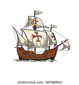 Navio à vela flutuando nas ondas do mar. Caravela Santa Maria. Elemento de design desenhado à mão. Ilustração de vetor de cor vintage para pôster Day Columbus. Isolado em fundo branco.