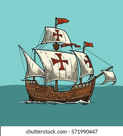 Sailing ship floating on the sea waves. Caravel Santa Maria. Hand drawn design element. Vintage color vector engraving illustration for poster Day Columbus