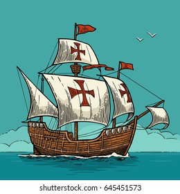 Sailing ship floating on the sea waves. Caravel Santa Maria. Hand drawn design element. Vintage color vector engraving illustration for poster Day Columbus svg