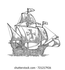 Sailing ship floating on the sea waves. Caravel Santa Maria. Hand drawn design element. Vintage black vector engraving illustration isolated on white on white background. For poster Day Columbus
