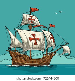 Sailing ship floating on the sea waves. Caravel Santa Maria. Hand drawn design element. Vintage color vector engraving illustration for poster Day Columbus