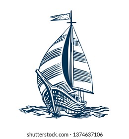 Sailing ship floating on the waves. Hand drawn engraving scratchboard style imitation. Isolated on a white background.