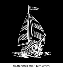 Sailing ship floating on the waves. Hand drawn engraving scratchboard style imitation. Isolated on a black background.