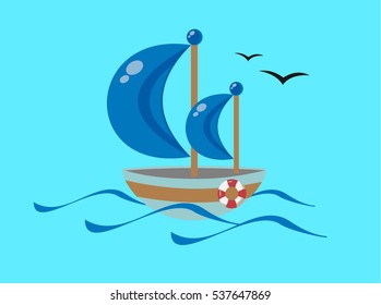 A sailing ship floating on the waves. Lifeline.