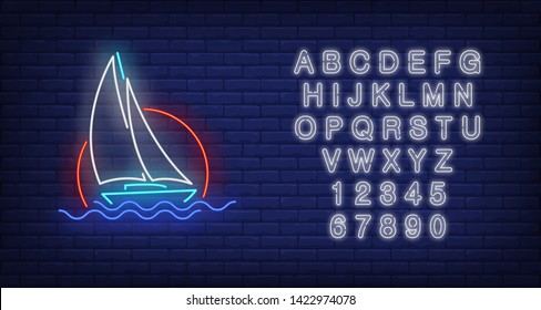 Sailing ship floating in sea neon sign. Vessel, voyage, adventure design. Night bright neon sign, colorful billboard, light banner. Vector illustration in neon style.