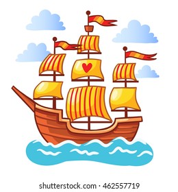 Sailing ship floating in the water. Vector illustration of a ship at sea among the clouds on a white background. The picture in the children's cartoon style.