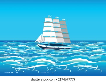 A sailing ship floats on the waves in the ocean. Vector illustration of sea voyages, exploration and recreation.