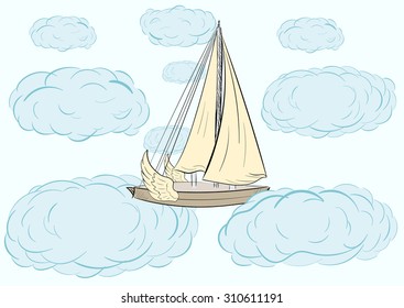 The sailing ship flying through blue clouds