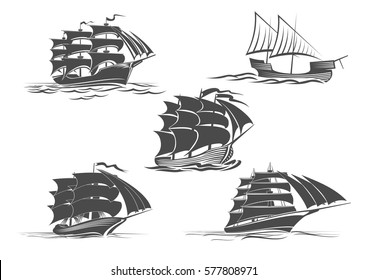 Sailing Ship Or Frigate Warship Vector Isolated Icons Set. Navy Or Maritime Transport Symbol Of Yacht With Mast And Sails, Ironclad Sailboat Or Pirate Boat Float Drifting On Sea Waves