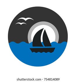 Sailing ship full moon. Vector icon.