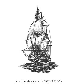 Sailing ship, graphic hand drawing. Sea or river transport, an isolated object. Vector