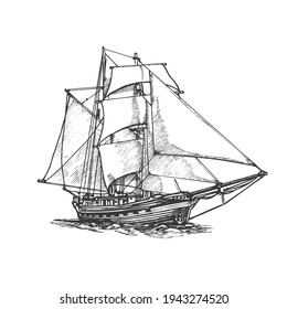 Sailing ship, graphic hand drawing. Sea or river transport, an isolated object. Vector