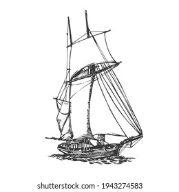 Sailing ship, graphic hand drawing. Sea or river transport, an isolated object. Vector