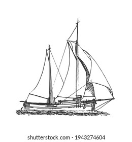 Sailing ship, graphic hand drawing. Sea or river transport, an isolated object. Vector