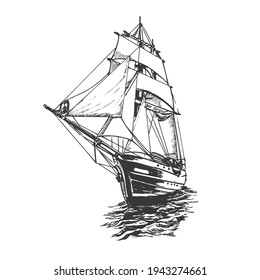 Sailing ship, graphic hand drawing. Sea or river transport, an isolated object. Vector