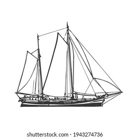 Sailing ship, graphic hand drawing. Sea or river transport, an isolated object. Vector