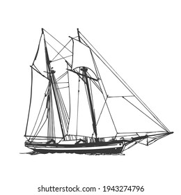 Sailing ship, graphic hand drawing. Sea or river transport, an isolated object. Vector