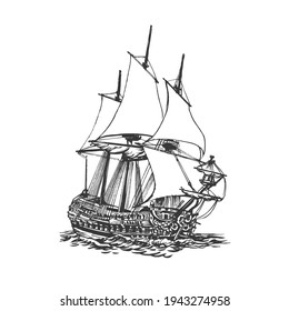 Sailing ship, graphic hand drawing. Sea or river transport, an isolated object. Vector