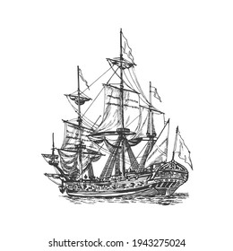 Sailing ship, graphic hand drawing. Sea or river transport, an isolated object. Vector