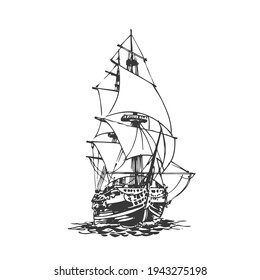 Sailing ship, graphic hand drawing. Sea or river transport, an isolated object. Vector