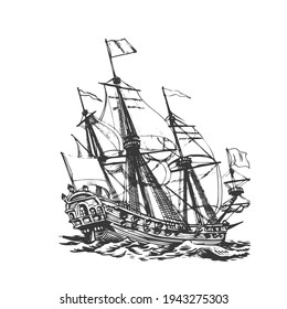 Sailing ship, graphic hand drawing. Sea or river transport, an isolated object. Vector