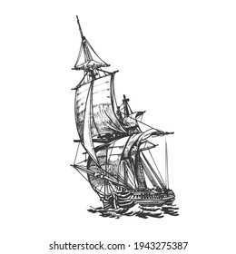 Sailing ship, graphic hand drawing. Sea or river transport, an isolated object. Vector