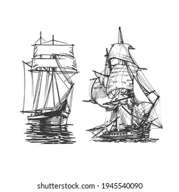 Sailing ship, graphic hand drawing. Sea or river transport, an isolated object. Vector