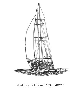 Sailing ship, graphic hand drawing. Sea or river transport, an isolated object. Vector