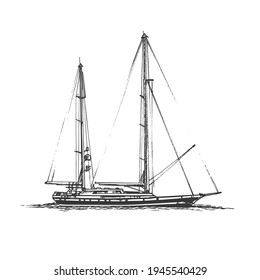 Sailing ship, graphic hand drawing. Sea or river transport, an isolated object. Vector