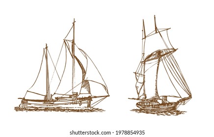 Sailing ship, graphic hand drawing. Sea or river transport, an isolated object. Vector