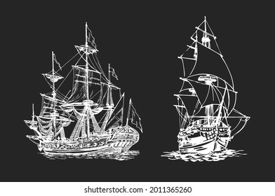 Sailing ship, graphic hand drawing. Sea or river transport, an isolated object. Vector