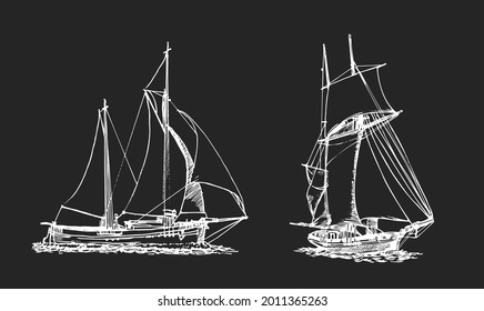 Sailing ship, graphic hand drawing. Sea or river transport, an isolated object. Vector