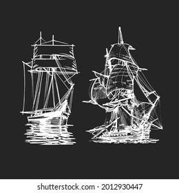 Sailing ship, graphic hand drawing. Sea or river transport, an isolated object. Vector